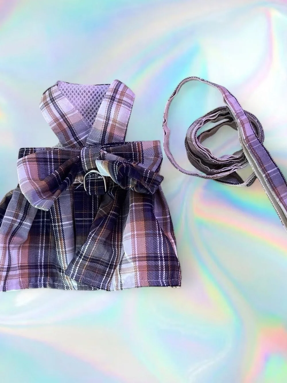 Plaid Blue Bow Harness and Leash Set for XS dog
